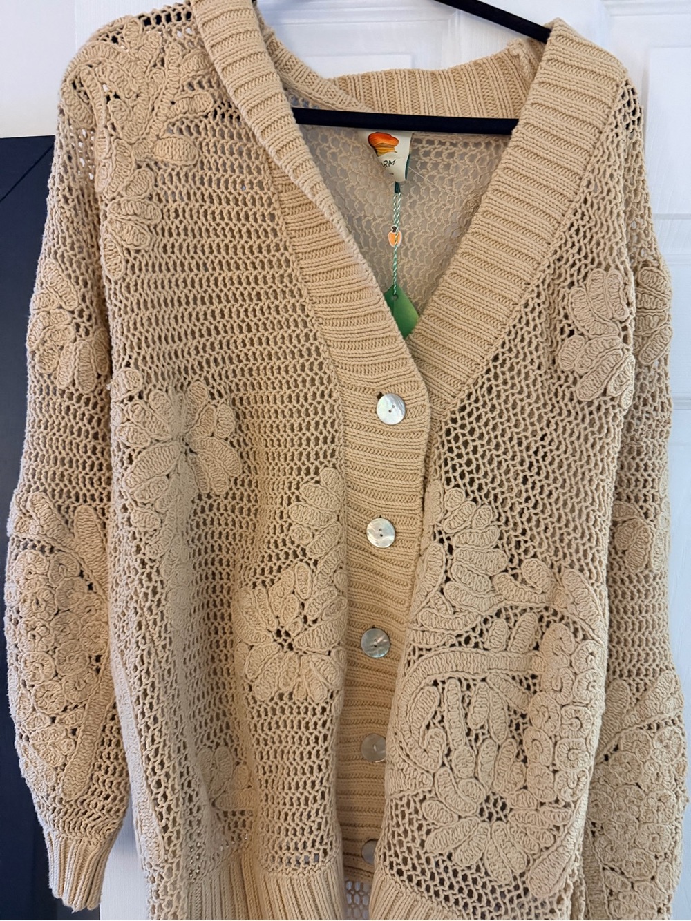 FARM Rio Beige Open-Knit Floral Crochet Cardigan